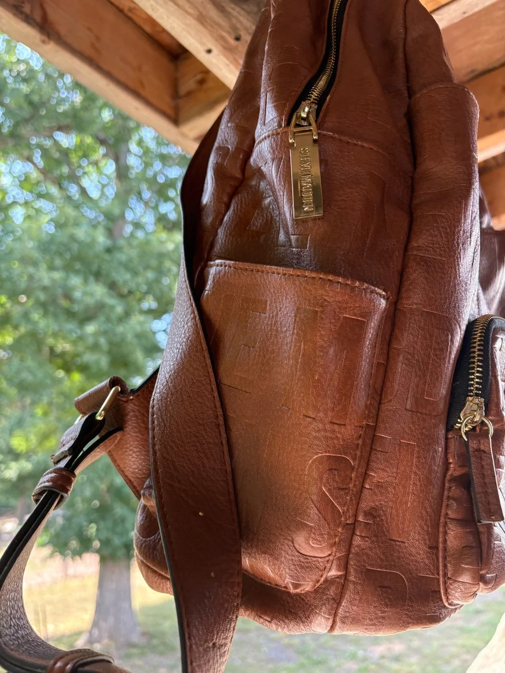 Steve Madden Brown Logo Embossed Backpack – Faux Leather Daypack